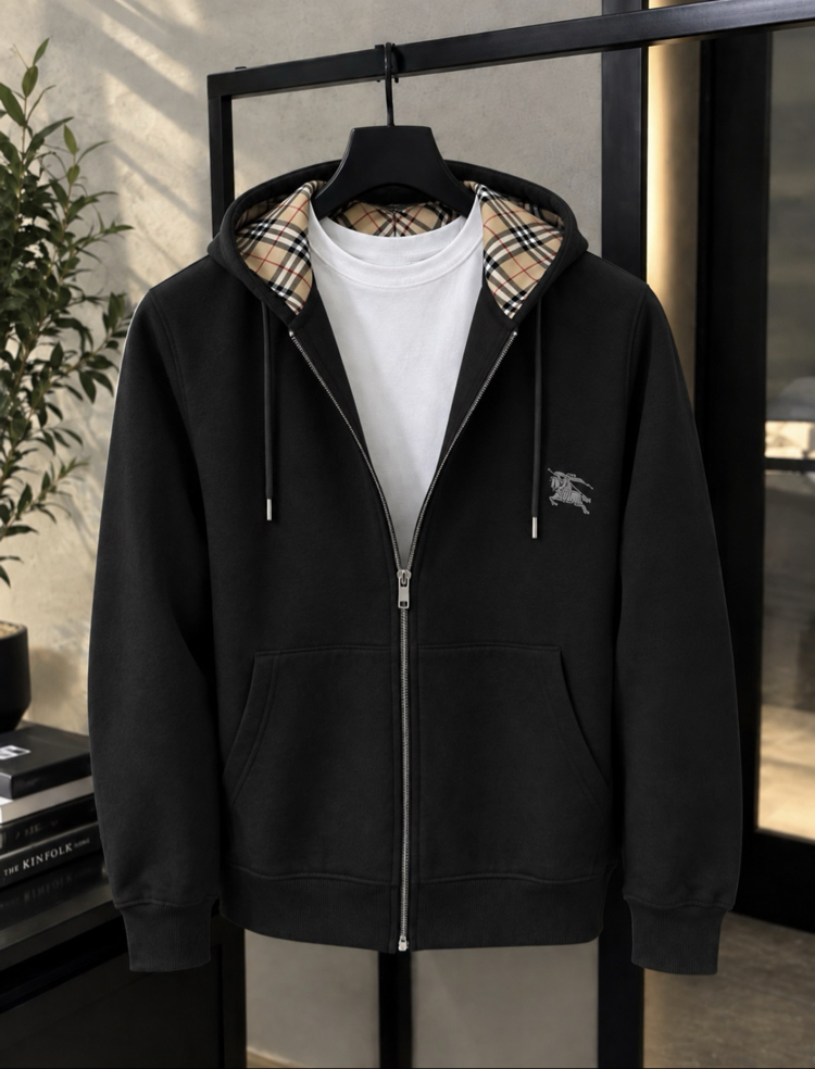 Burberry Stili İç Ekose Detaylı Siyah Hoodie