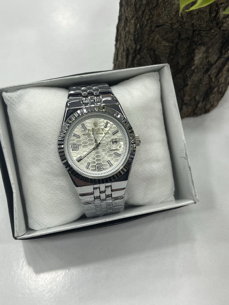 Datejust Fluted Bezel - Beyaz Petek Kadran Gümüş Çelik Saat + Cüzdan Hediye 