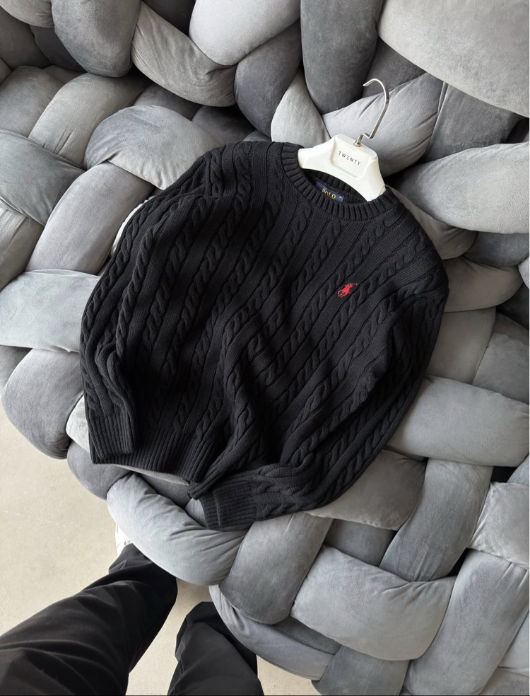 Premium Kalite Polo Saç Örgü Kışlık Kazak - Siyah