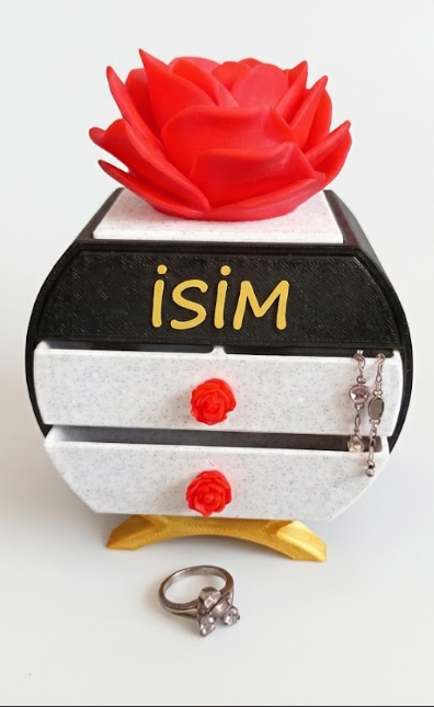 Kişiye Özel İsimli Mini Takı Kutusu - Gül Detaylı 3D Baskı Çekmeceli Mücevher Organizeri