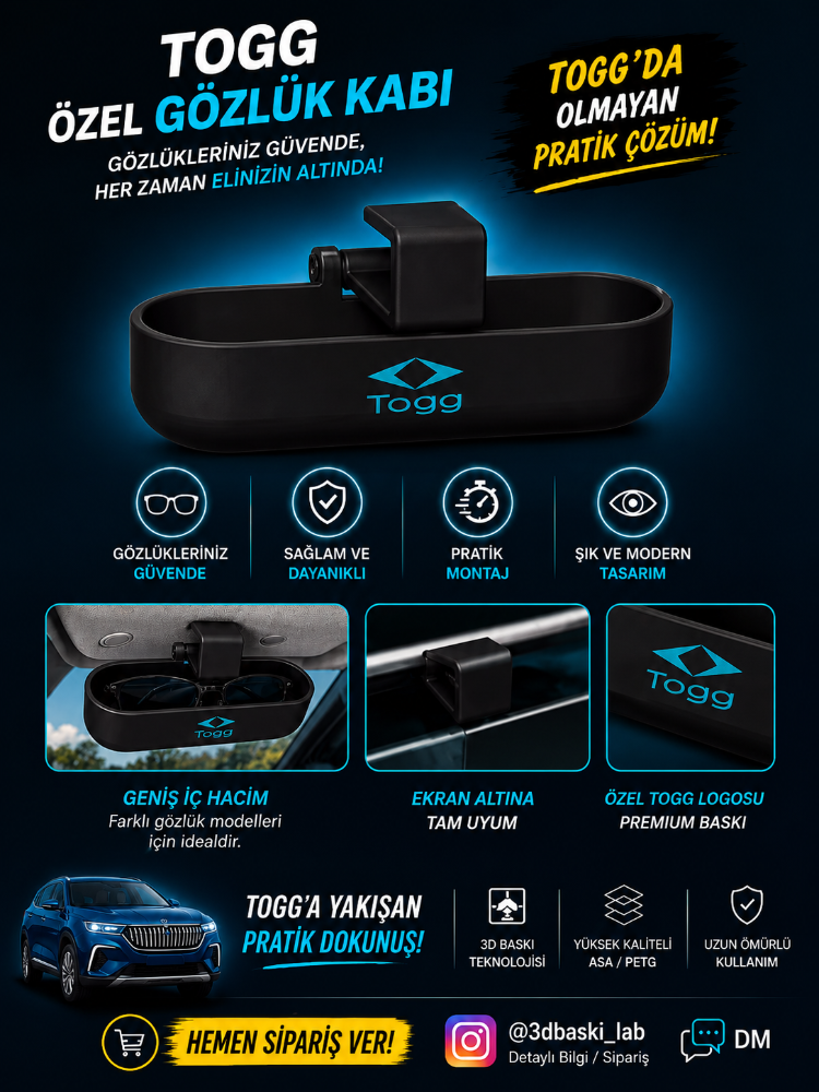 TOGG Özel Gözlük Kabı – Ekran Altı Gözlük Tutucu | 3D Baskı