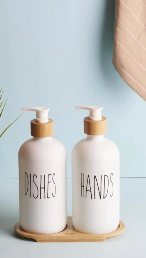Perotti Lotion 2’li Beyaz Mutfak Sıvı Sabunluk Seti 500ml+500ml Bambu Tepsili