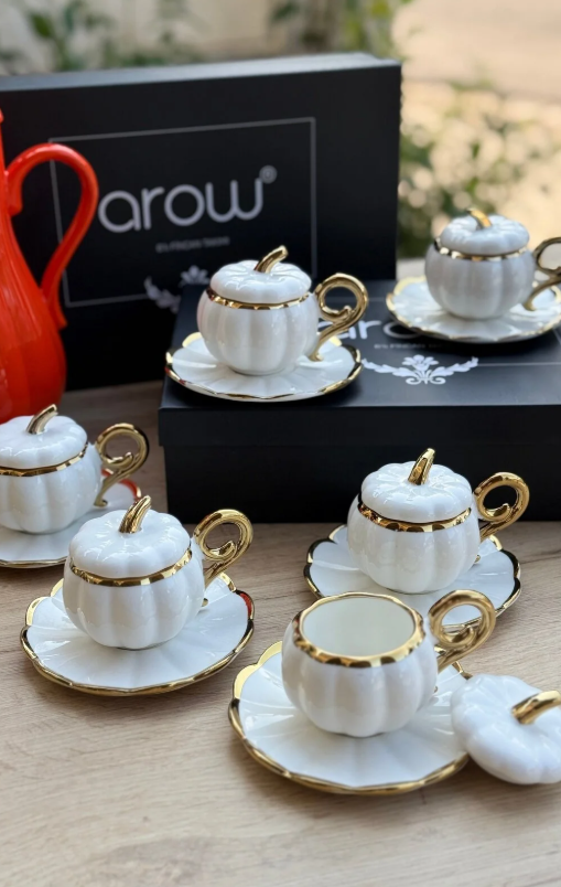 AROW 6 Kişilik Lüks Kabaklı Porselen Beyaz Kahve Takımı