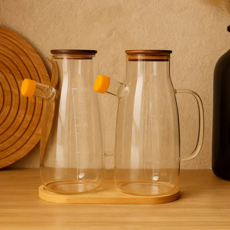 KRD HOME Bambu Standlı Borosilikat İkili Yağdanlık Seti 1 Litre