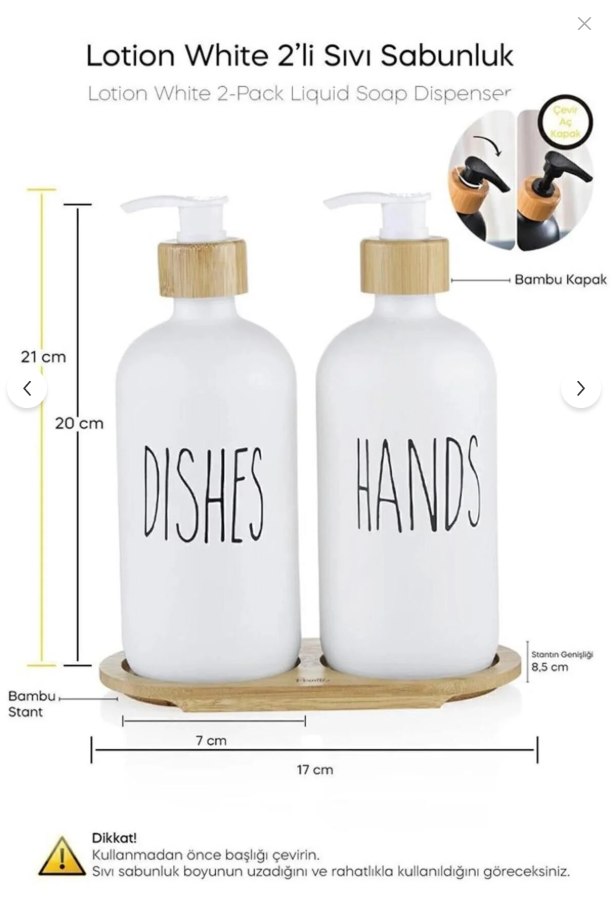 Perotti Lotion 2’li Beyaz Mutfak Sıvı Sabunluk Seti 500ml+500ml Bambu Tepsili