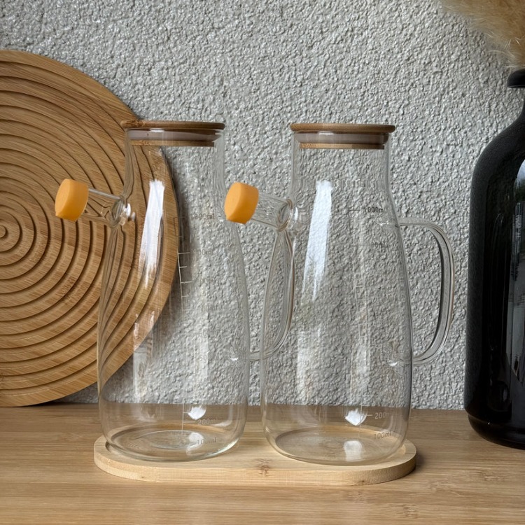 KRD HOME Bambu Standlı Borosilikat İkili Yağdanlık Seti 1 Litre