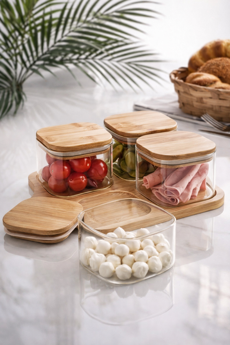Mien M002 Bambu Kapaklı Cam Kahvaltılık 4 Lü