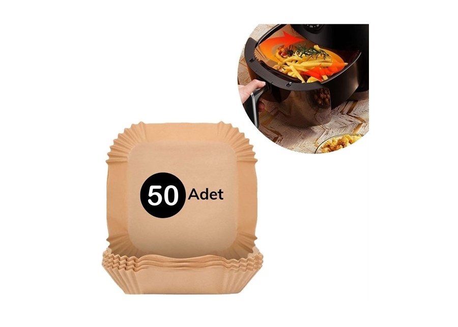 50 Adet Air Fryer Pişirme Kağıdı Tek Kullanımlık Kare Tabak Model