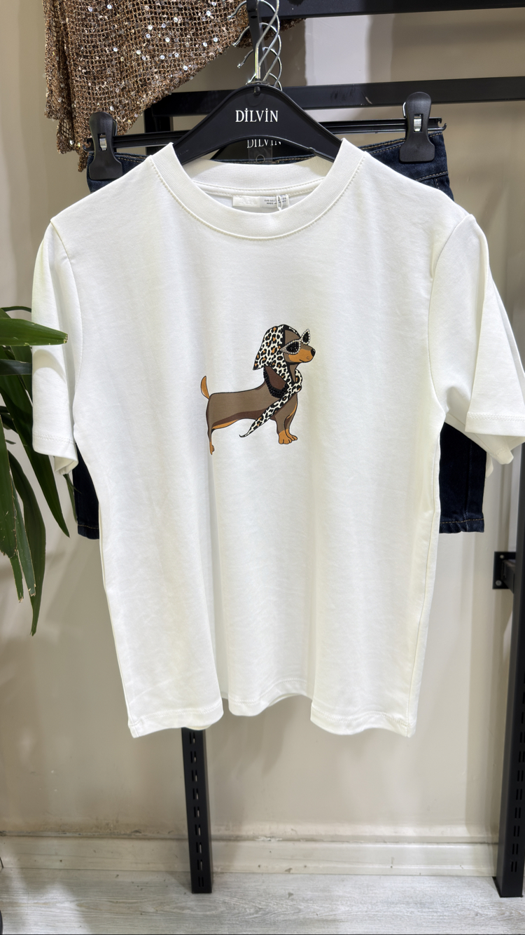 Leo detaylı köpek baskılı tişört beyaz