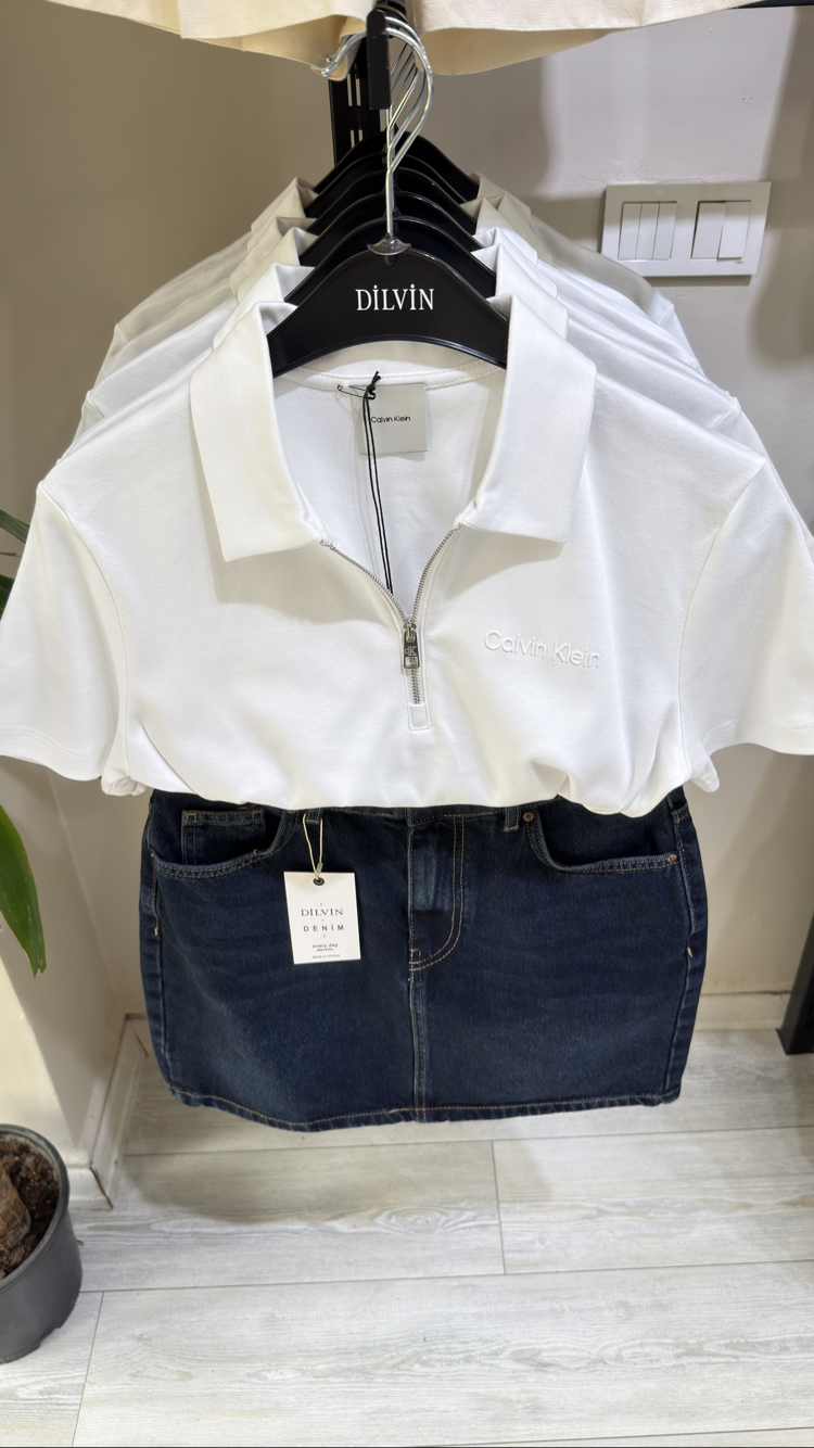 Polo yaka ck fermuarlı tişört beyaz