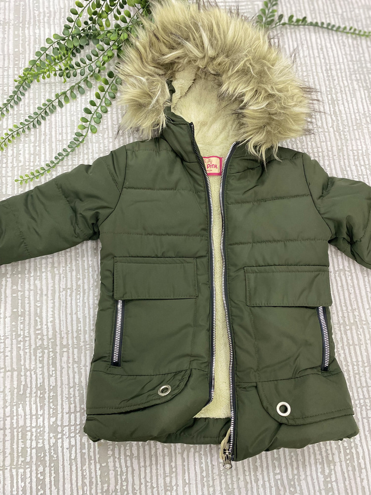 Haki Yeşil Kapşonlu Kürk Detaylı Unisex Çocuk Montu