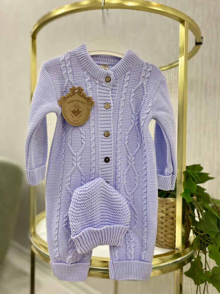 Şapkalı Düğme Detaylı Örgü Desen Triko Bebek Tulum