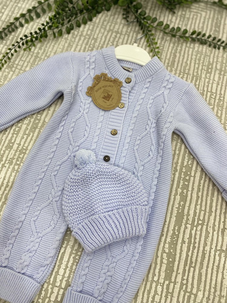 Şapkalı Düğme Detaylı Örgü Desen Triko Bebek Tulum