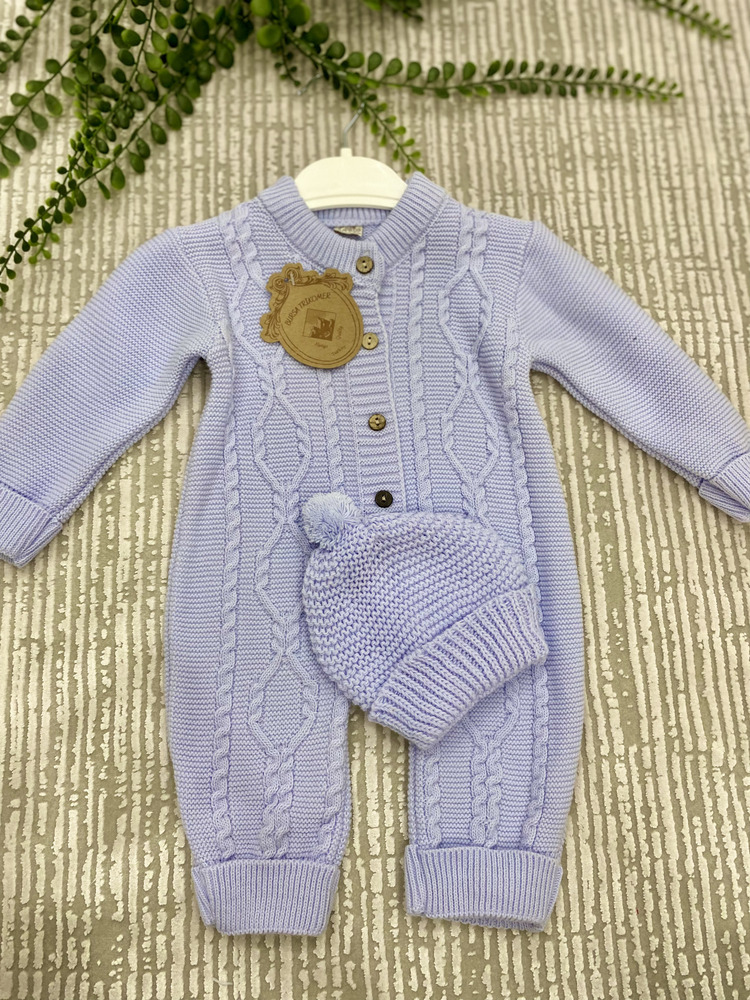 Şapkalı Düğme Detaylı Örgü Desen Triko Bebek Tulum