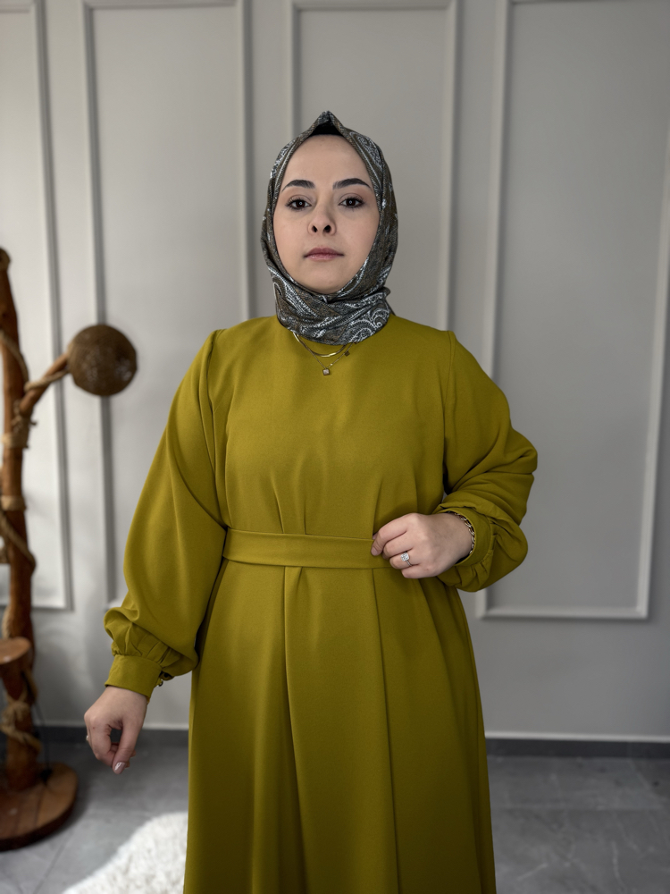 Büyük Beden Tesettüre Uyumlu Özel Dikim A Kesim Manşet Düğme Kol Detay Seyyar Kemerli Elbise