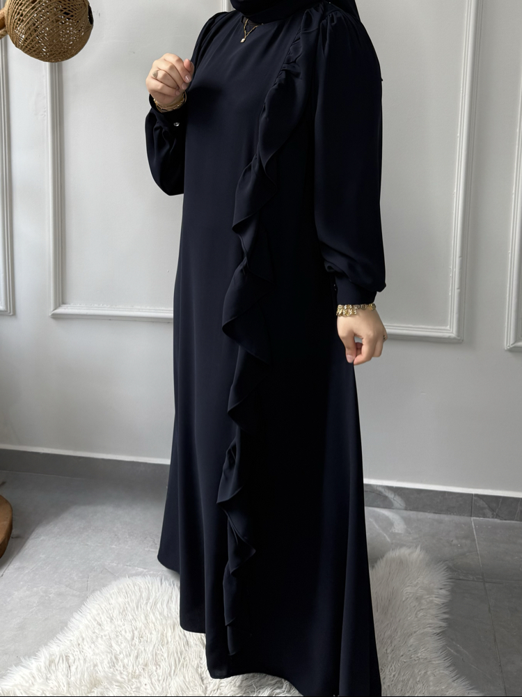 Büyük Beden Tesettüre Uyumlu Özel Dikim A Kesim Fırfır Detay Süeda Model Elbise