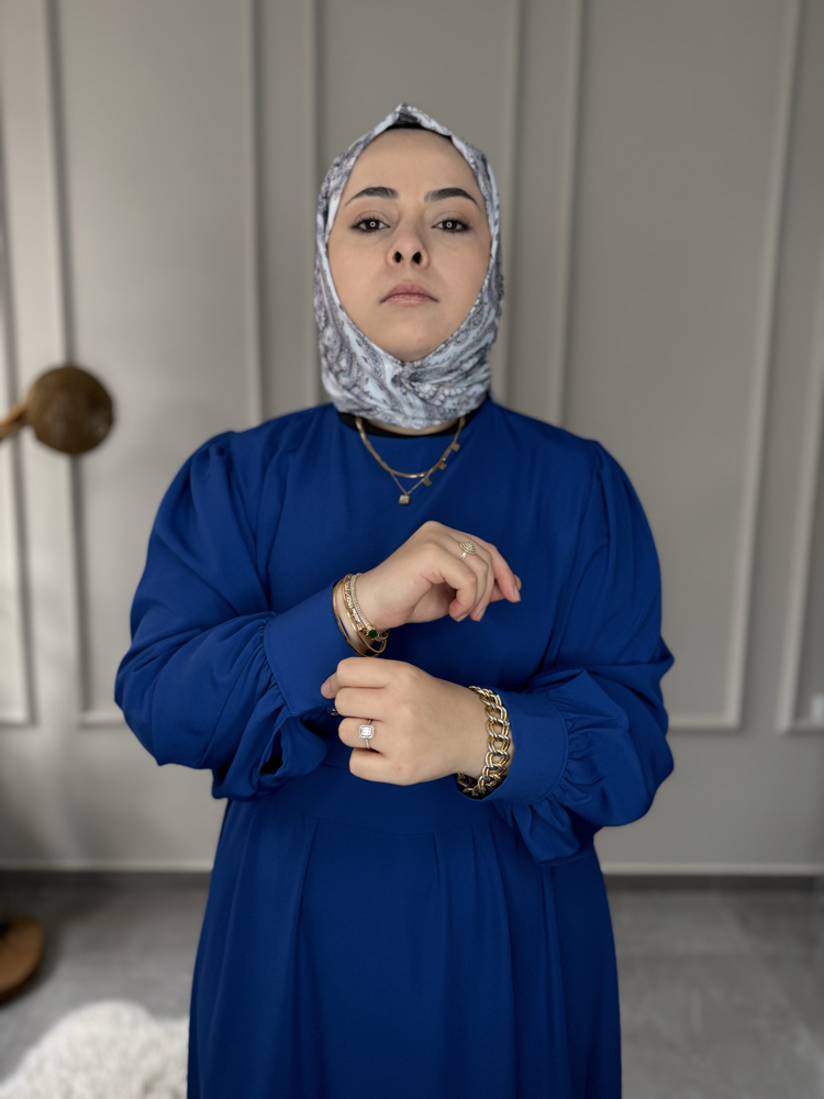 Büyük Beden Tesettüre Uyumlu Özel Dikim A Kesim Manşet Düğme Kol Detay Seyyar Kemerli Elbise