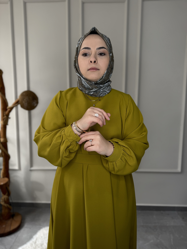 Büyük Beden Tesettüre Uyumlu Özel Dikim A Kesim Manşet Düğme Kol Detay Seyyar Kemerli Elbise