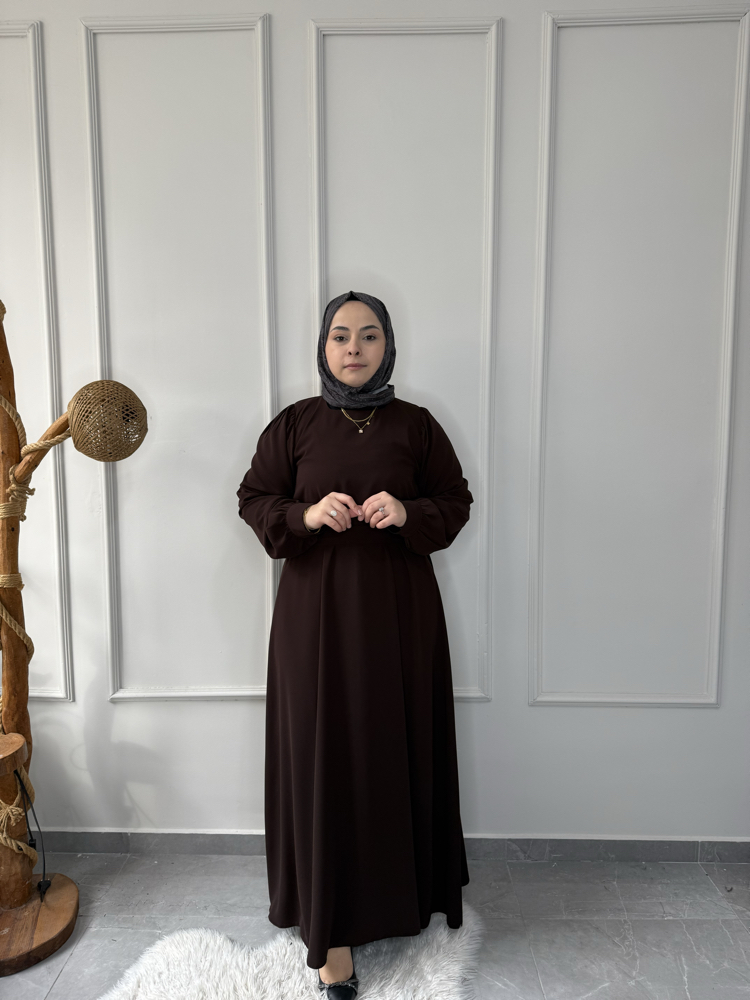 Büyük Beden Tesettüre Uyumlu Özel Dikim A Kesim Manşet Düğme Kol Detay Seyyar Kemerli Elbise