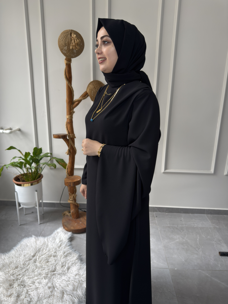 Büyük Beden Tesettüre Uyumlu Özel Dikim Abaya Kol Detaylı Sima Model Elbise