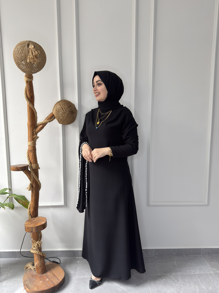 Büyük Beden Tesettüre Uyumlu Özel Dikim İnci Detaylı Abaya Kol Sima Model Elbise