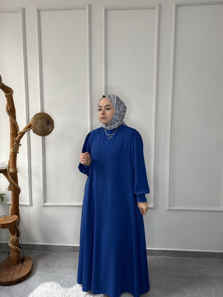 Büyük Beden Tesettüre Uyumlu Özel Dikim A Kesim Manşet Düğme Kol Detay Seyyar Kemerli Elbise