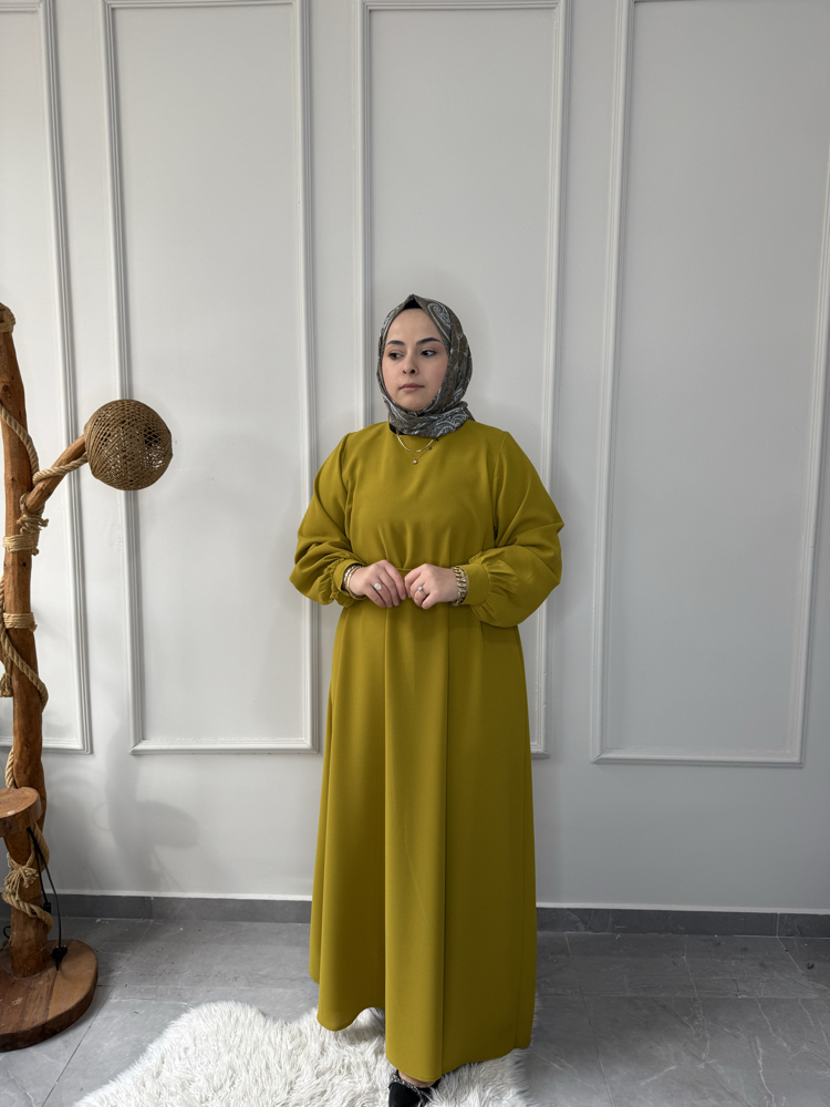 Büyük Beden Tesettüre Uyumlu Özel Dikim A Kesim Manşet Düğme Kol Detay Seyyar Kemerli Elbise
