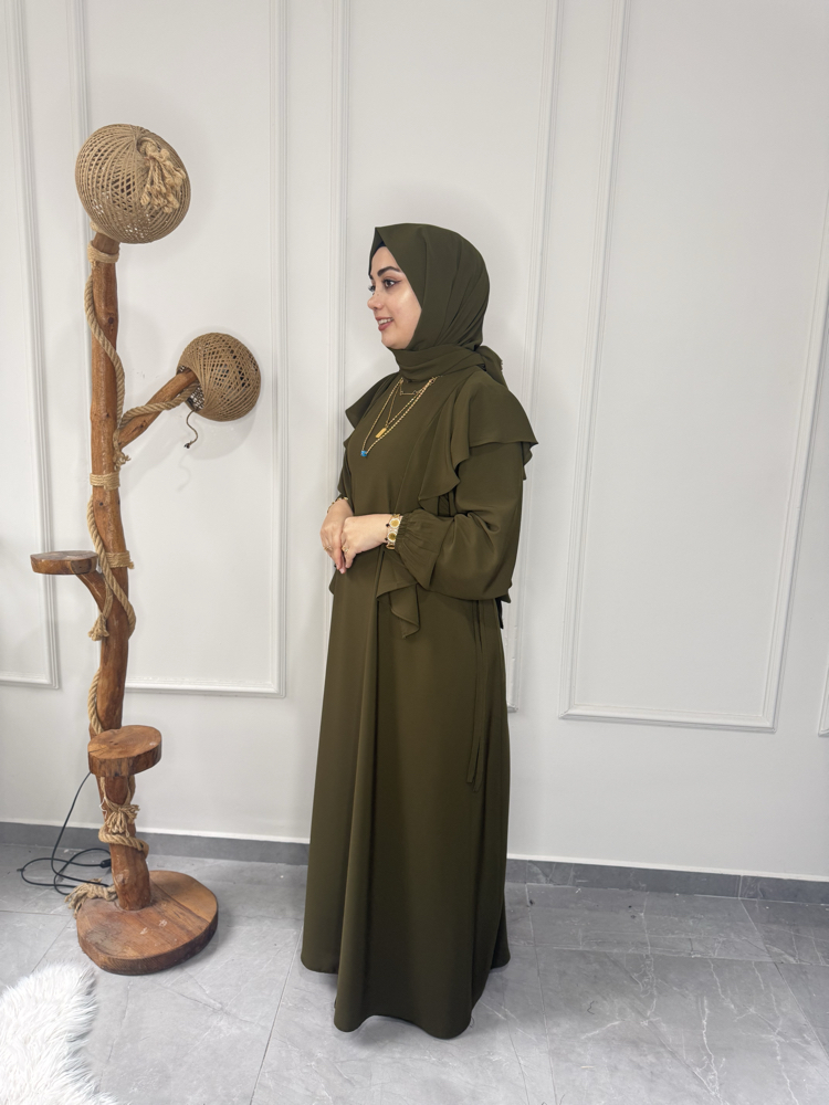 Büyük Beden Tesettüre Uyumlu Özel Dikim Omuz Detay Yan Bağcıklı Elbise