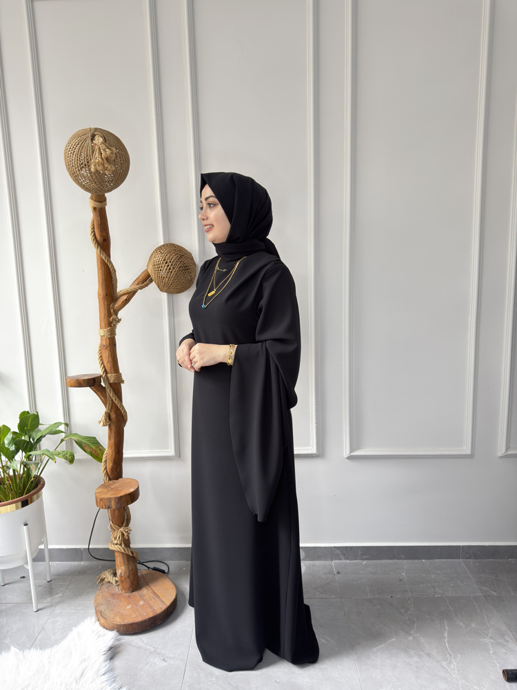 Büyük Beden Tesettüre Uyumlu Özel Dikim Abaya Kol Detaylı Sima Model Elbise