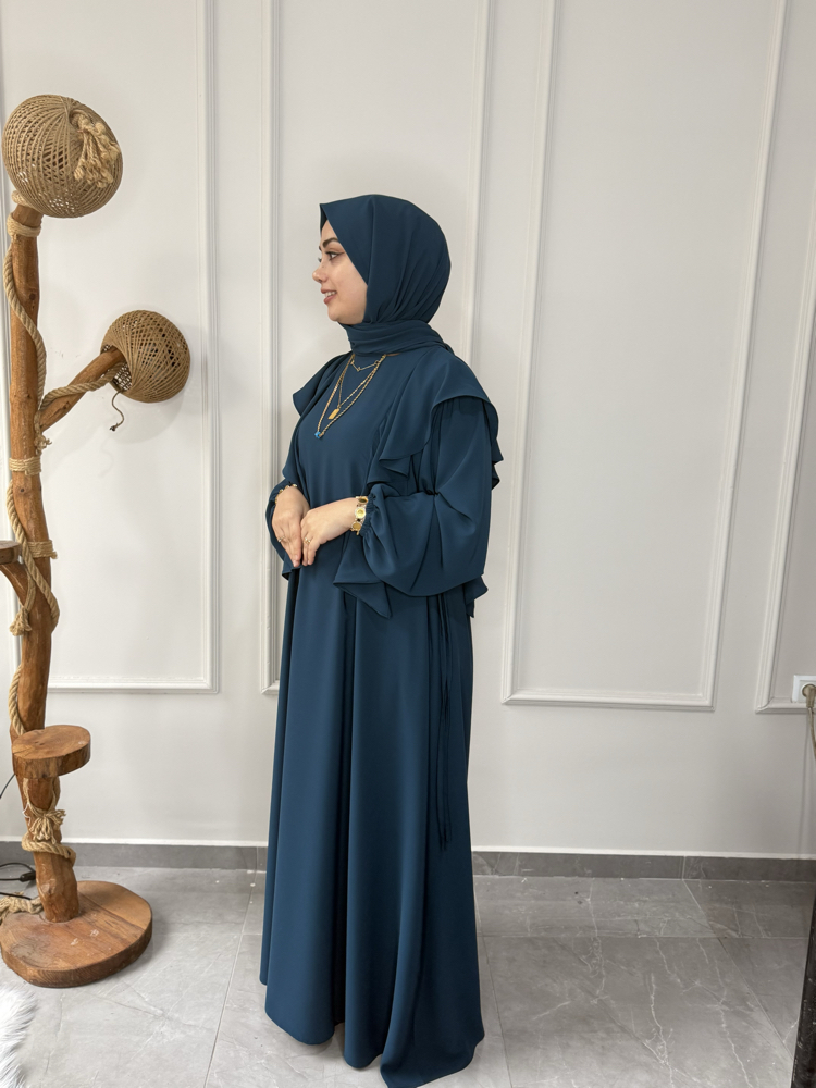 Büyük Beden Tesettüre Uyumlu Özel Dikim Omuz Detay Yan Bağcıklı Elbise