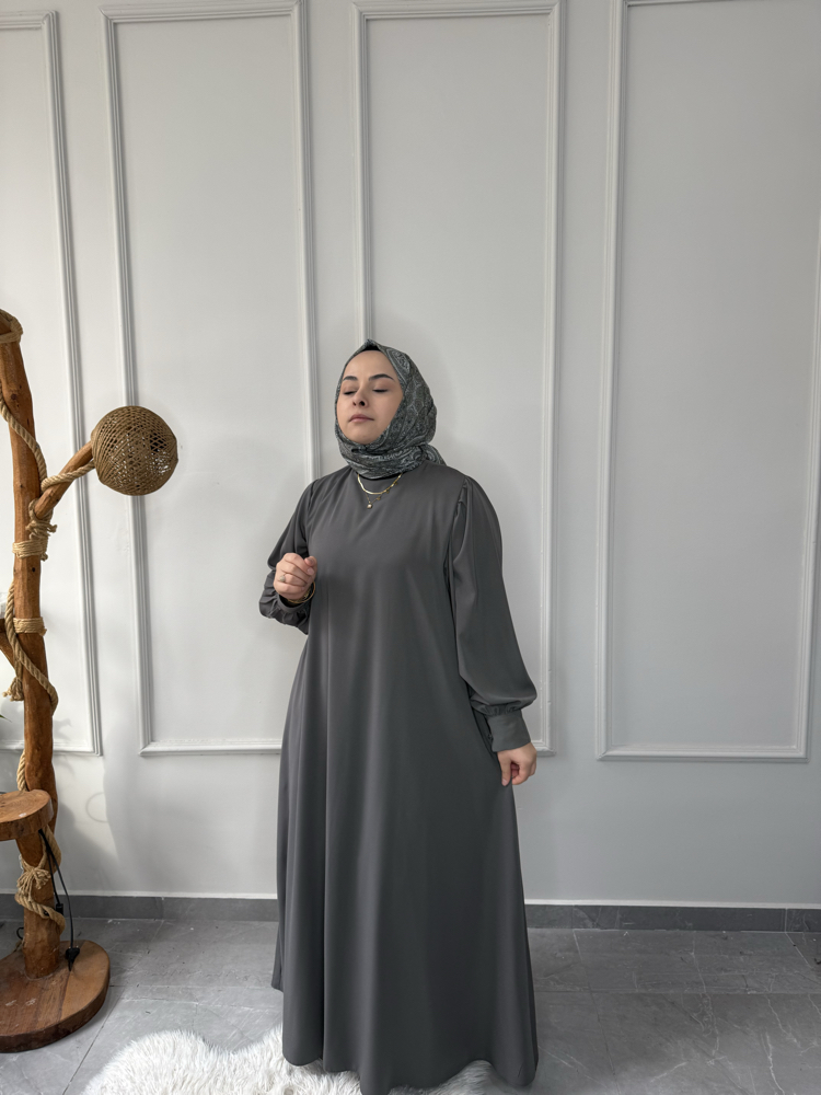 Büyük Beden Tesettüre Uyumlu Özel Dikim A Kesim Manşet Düğme Kol Detay Seyyar Kemerli Elbise