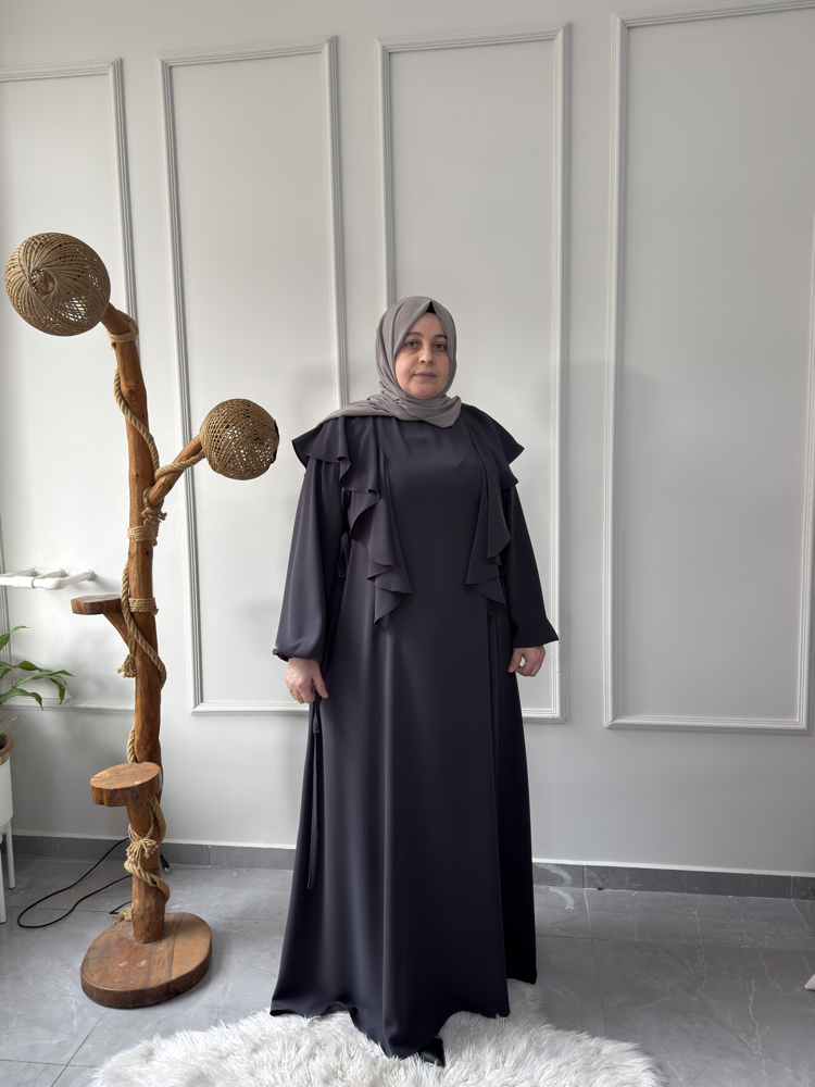 Büyük Beden Tesettüre Uyumlu Özel Dikim Omuz Detay Yan Bağcıklı Derya Model Elbise