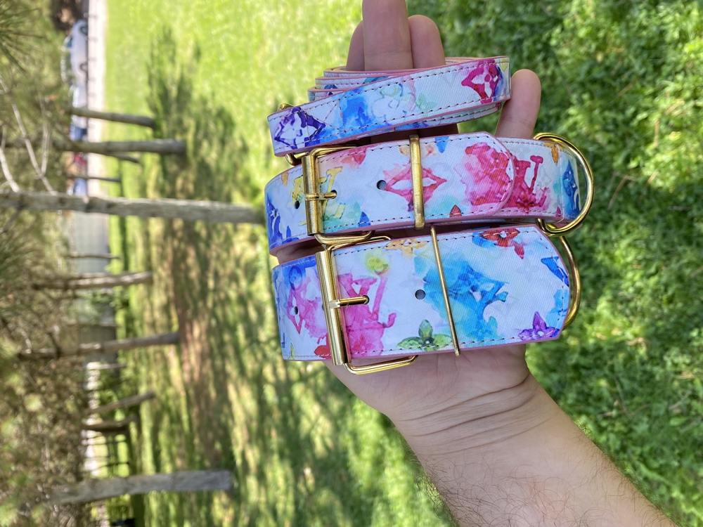 Water Color Louis Vuitton Dog Collar-Leash Set. Desinger Dog Collar Set.