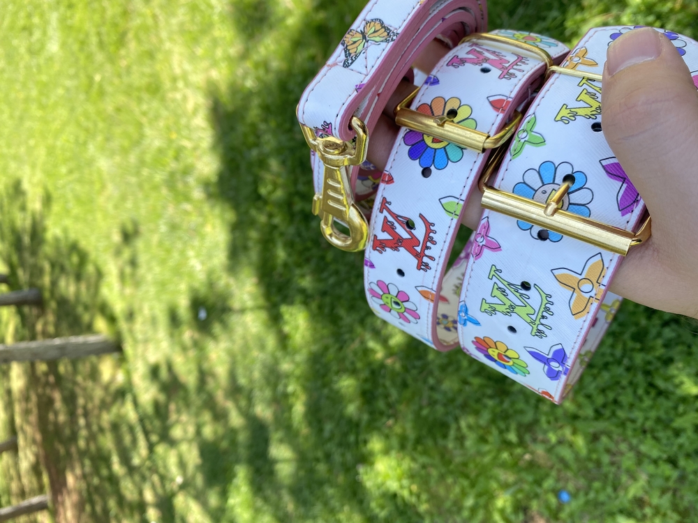 Flower Louis Vuitton Dog Collar-Leash Set. Desinger Dog Collar Set.