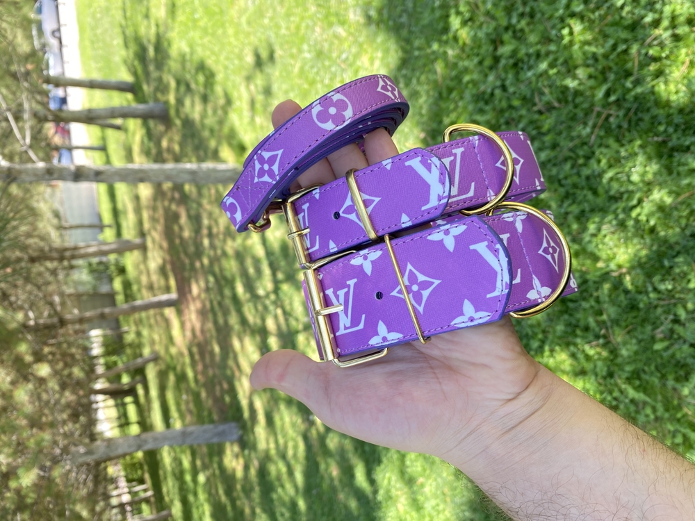 Purple Louis Vuitton Dog Collar-Leash Set. Desinger Dog Collar Set.