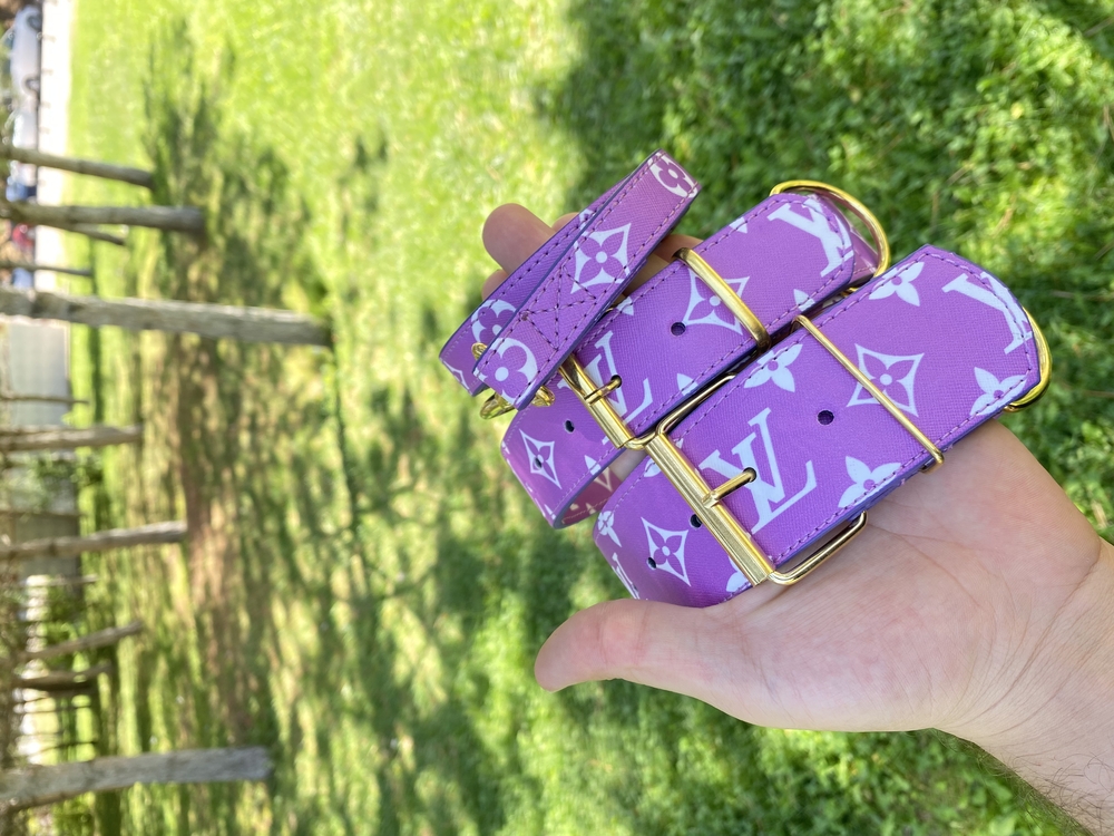 Purple Louis Vuitton Dog Collar-Leash Set. Desinger Dog Collar Set.