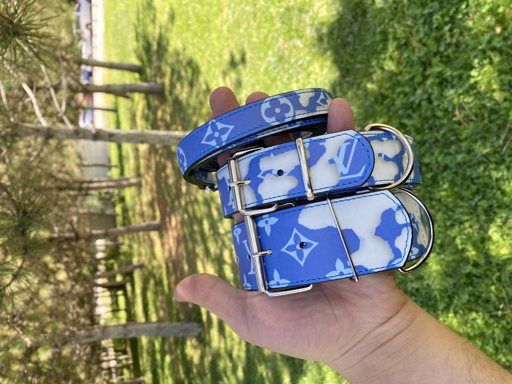Blue Cloud Louis Vuitton Dog Collar-Leash Set. Desinger Dog Collar Set.