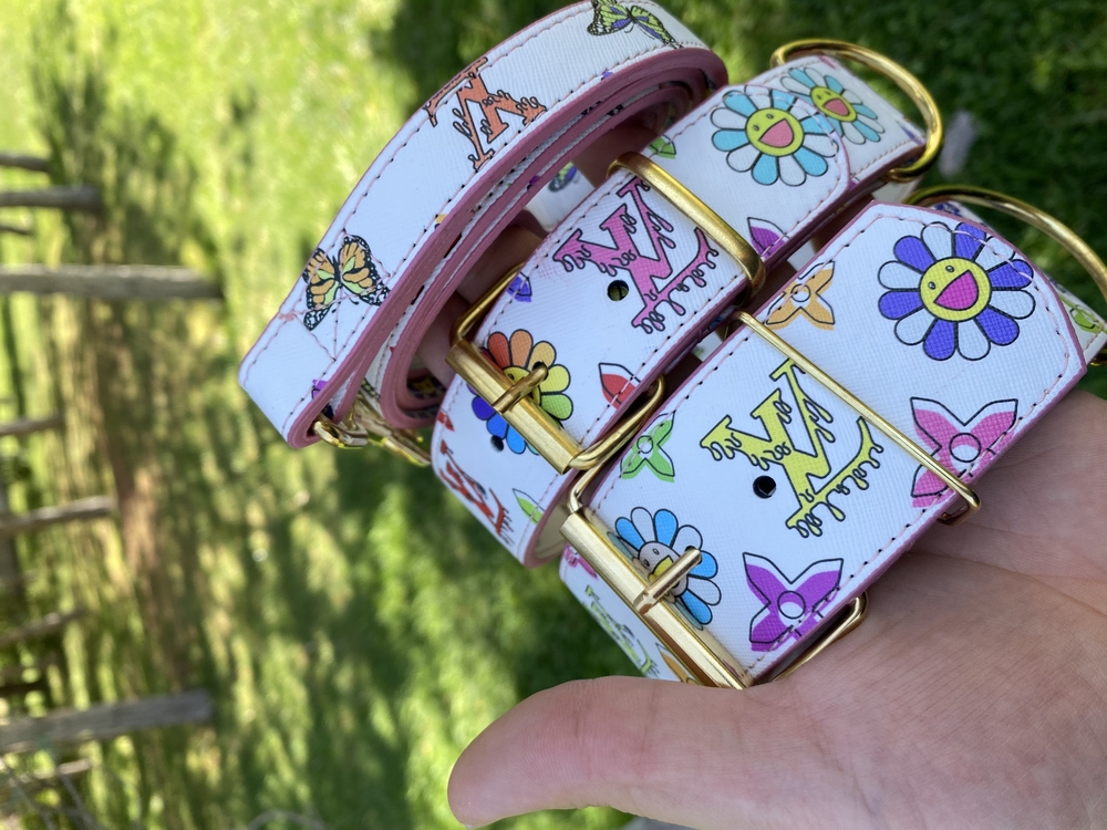 Flower Louis Vuitton Dog Collar-Leash Set. Desinger Dog Collar Set.