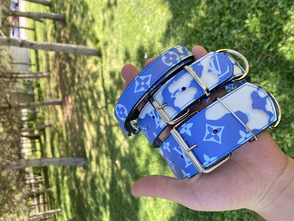 Blue Cloud Louis Vuitton Dog Collar-Leash Set. Desinger Dog Collar Set.