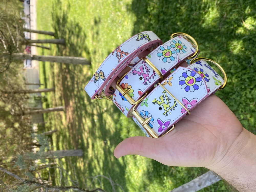 Flower Louis Vuitton Dog Collar-Leash Set. Desinger Dog Collar Set.