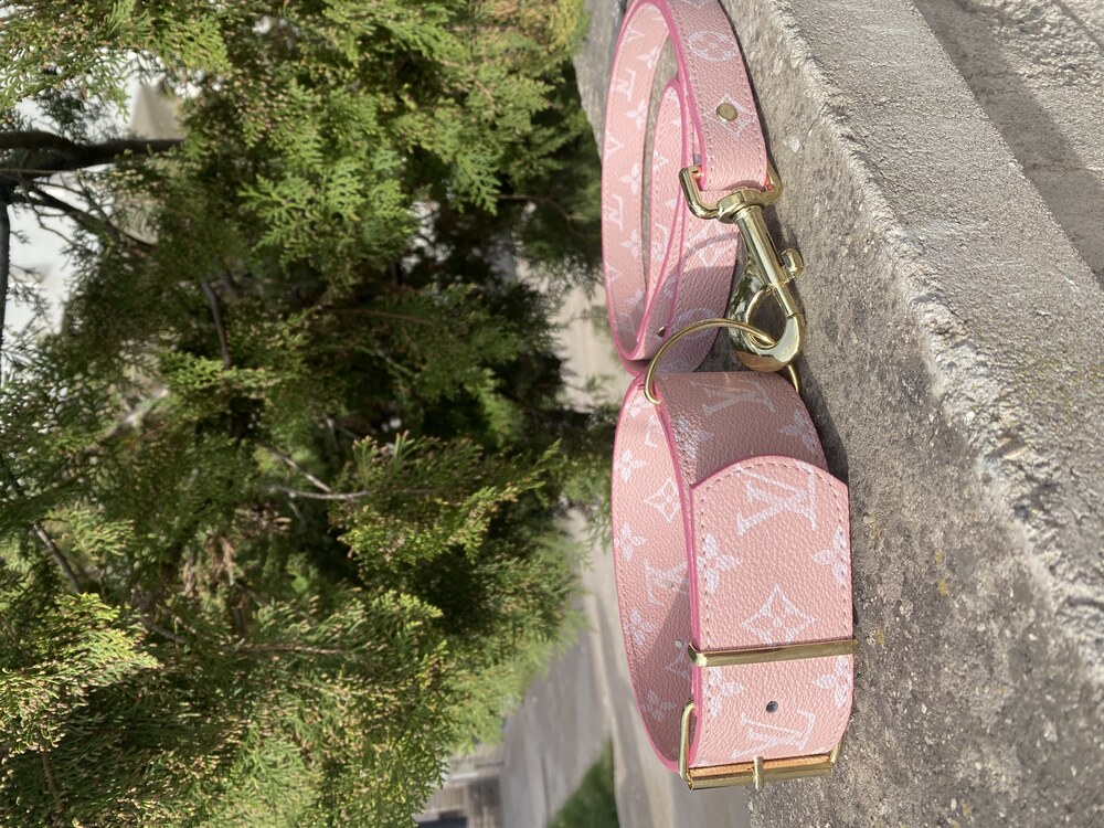 Pink Lv Monogram Dog Collar-Leash Set. Desinger Dog Collar Set.