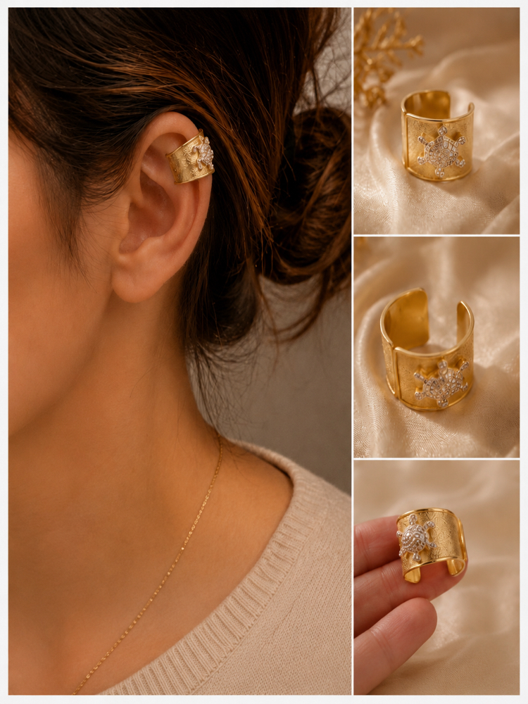 Kaplumbağa Figürlü Gold Ear Cuff Kıkırdak Küpe