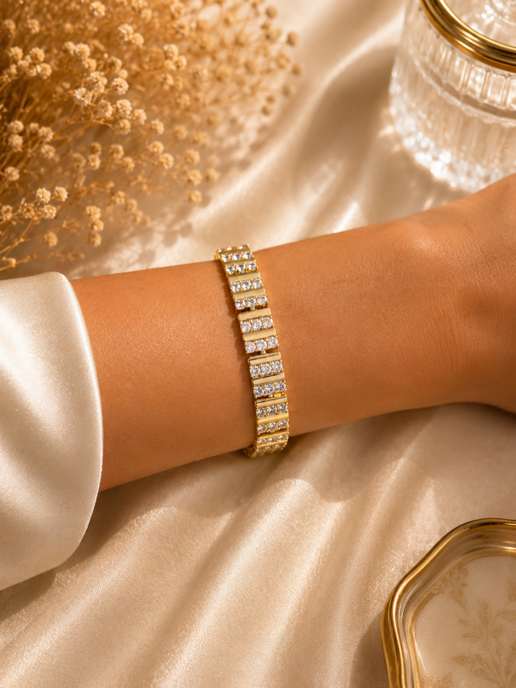 Geometrik Zirkon Detaylı Gold Bileklik