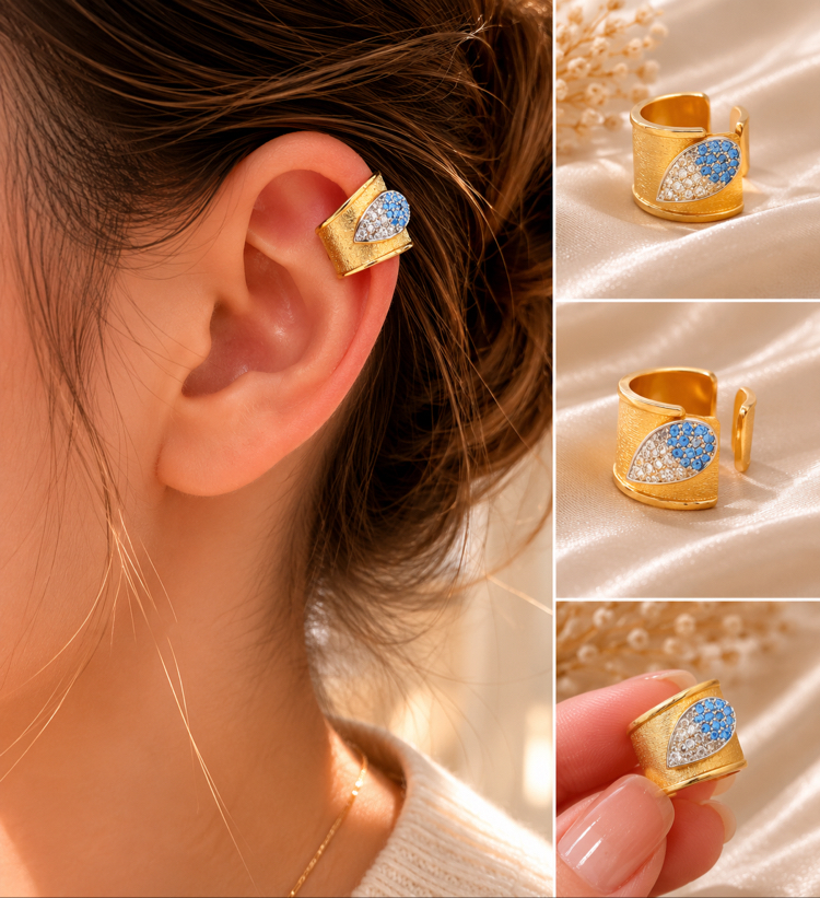 Gold Ear Cuff Taş Detaylı Kıkırdak Küpe