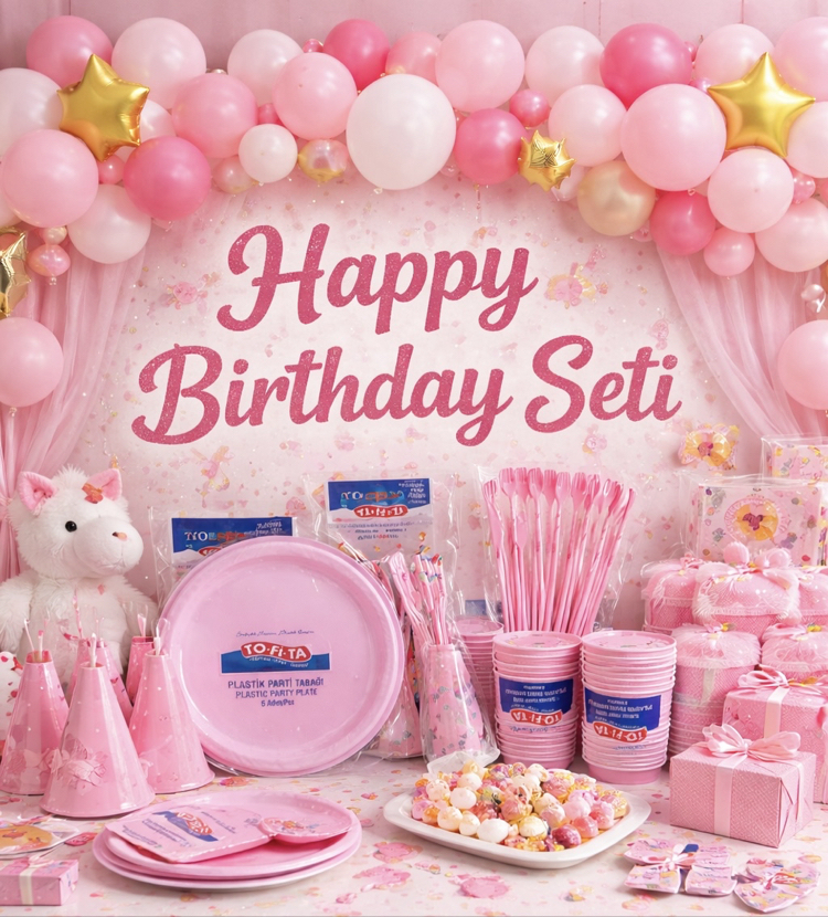 12 Kişilik Pembe Doğum Günü Parti Seti – Tabak Bardak Çatal Kaşık Full Set