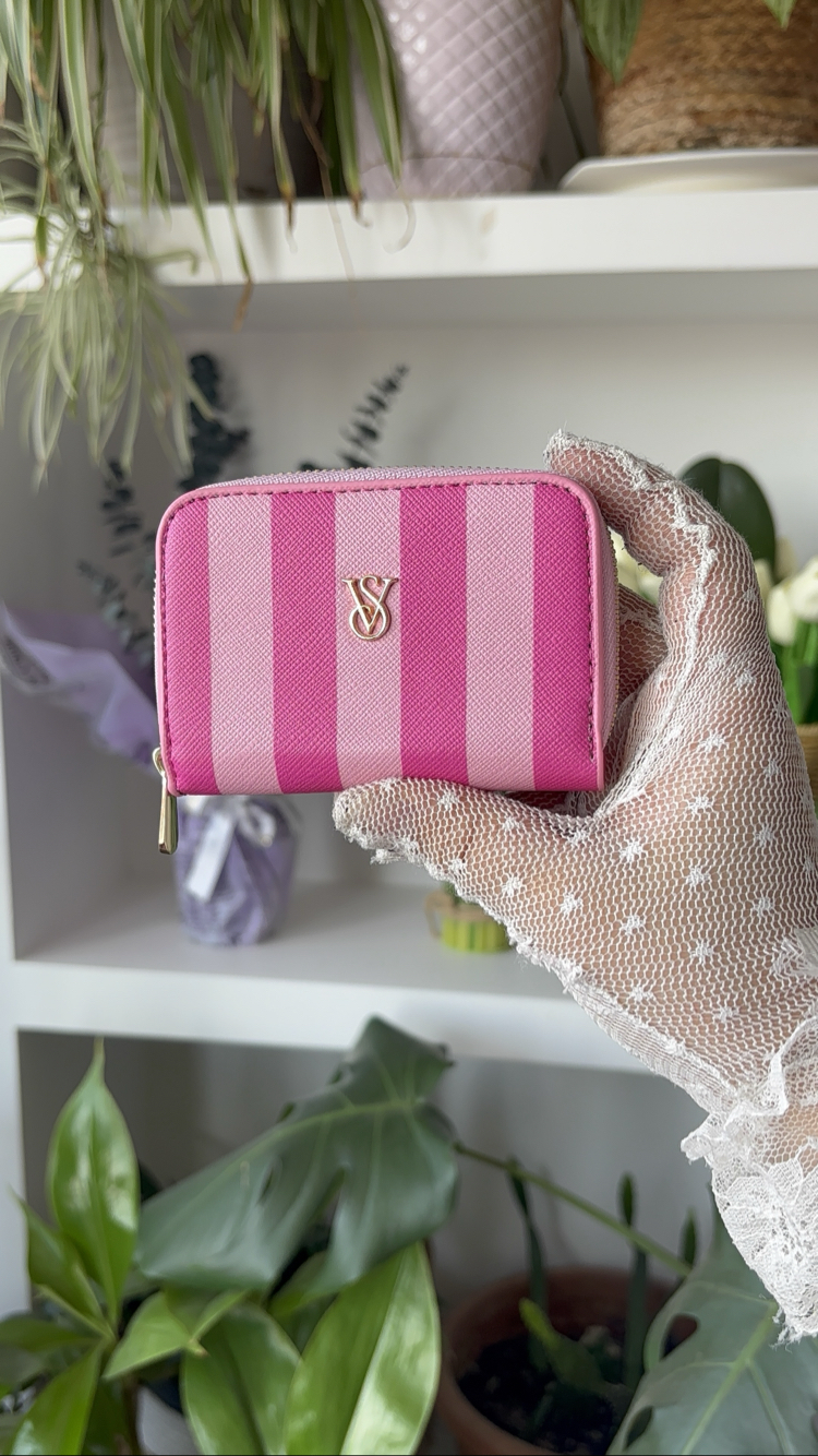 Pembe Çizgili Fermuarlı Mini Cüzdan / Kartlık