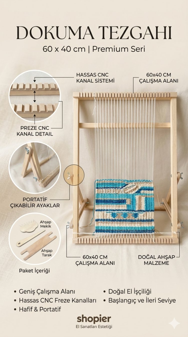 Premium Kanallı Ahşap Dokuma Tezgahı Seti (60x40 cm) – Büyük Boy