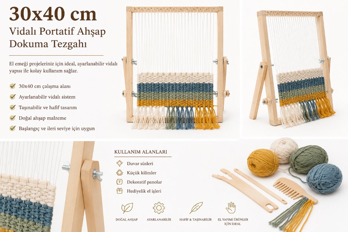Başlangıç İçin Ahşap Dokuma Tezgahı Seti (Tarak & Mekik Dahil)