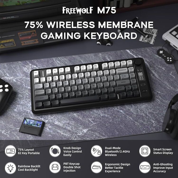 M75 Kablosuz Oyun Klavyesi | Çift Mod Bluetooth + 2.4GHz | OLED Ekran | RGB Aydınlatma