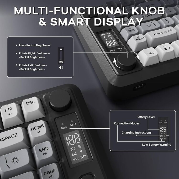 M75 Kablosuz Oyun Klavyesi | Çift Mod Bluetooth + 2.4GHz | OLED Ekran | RGB Aydınlatma